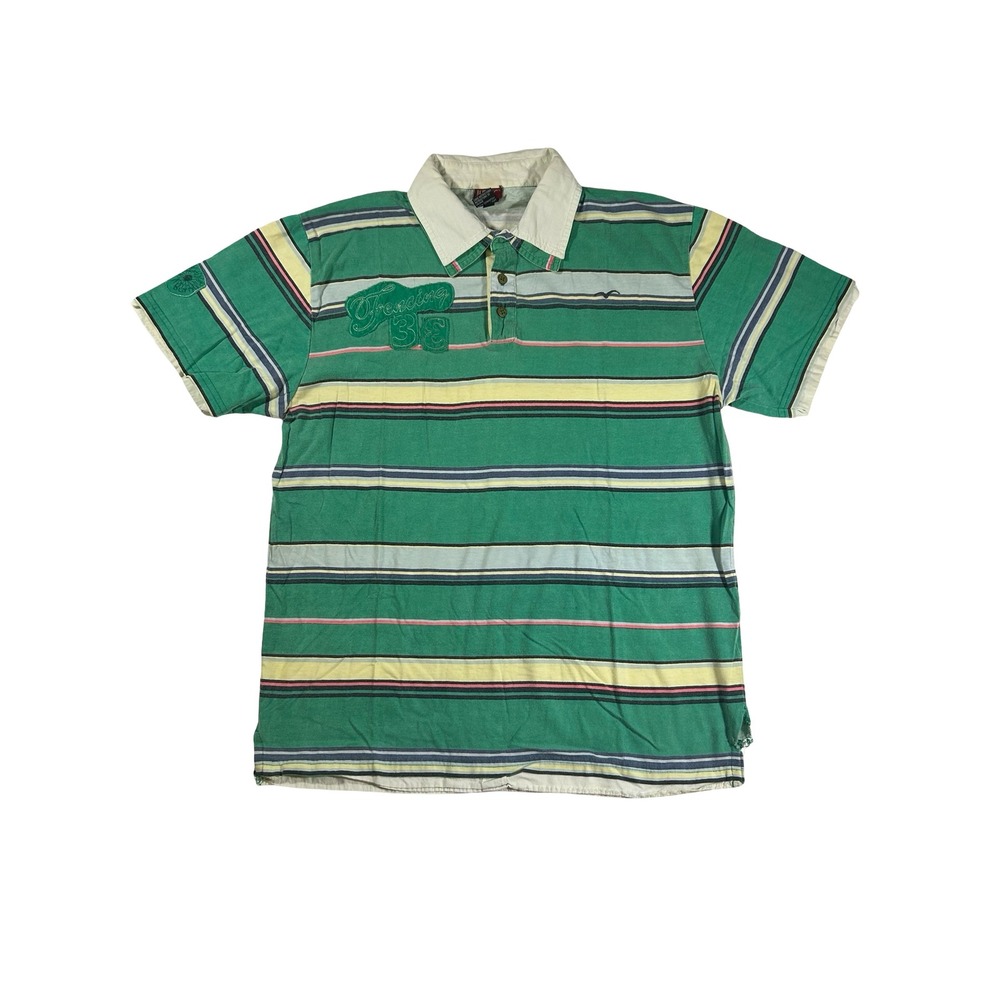 Buffalo David Bitton Mens Large Green Striped Polo Shirt Fencing 33 Patch Cotton
